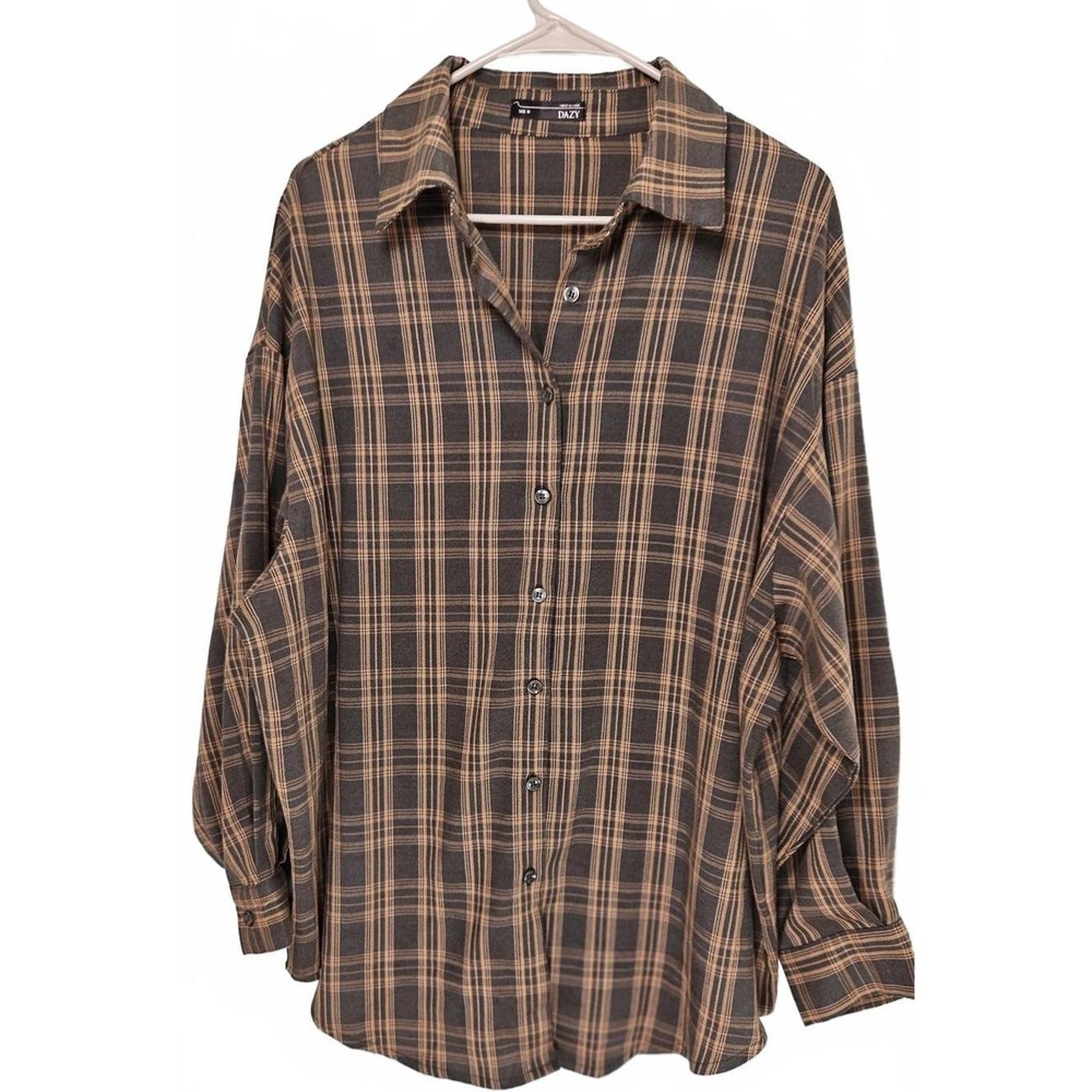 Dazy Mens Gray‎ Gold Plaid Oversized Button Down Shirt Long Sleeve Size M